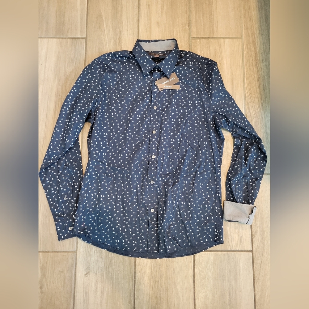 Brand New Michael Kors Blue and White Pattern on Navy Dress Shirt, Slim Fit, L